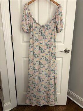 Astr Pastel Pink Floral Puff Sleeve Maxi Dress with Mint Accents